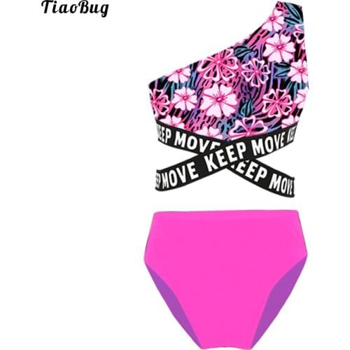 2Pcs Kids Girls Asymmetric Single Shoulder Strap Criss Sash Print Crop Tops And Briefs Set Beach Pool Swimming Bathing Suit
