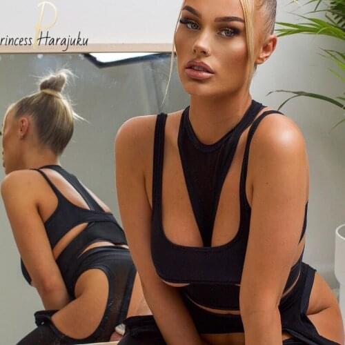 2021 Summer 2 Piece Crop Top Femme Sexy Cut Out Tops Clothes For Women Y2k Gothic Punk Streetwear Tank Top Black White S-L