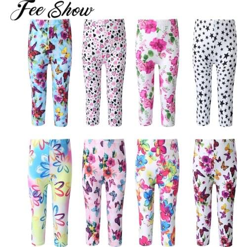 Kids Girls Cropped Pants Flower Printed Leggings Skinny Children Cropped Trousers Toddler Girl Leggings For Spring And Summer