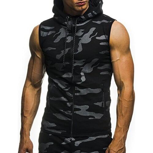 Men Military Camouflage Print Tank Top Gyms Fitness Zipper Hooded Vest Sleeveless Hoodie Tops Tees Male Summer Muscle Shirt