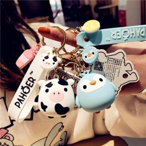 Genuine Pahoer Creative Epoxy Animal Cow Penguin Whale Squirrel Keychain Personality Cartoon Cute Car Key Chain Bag Pendant