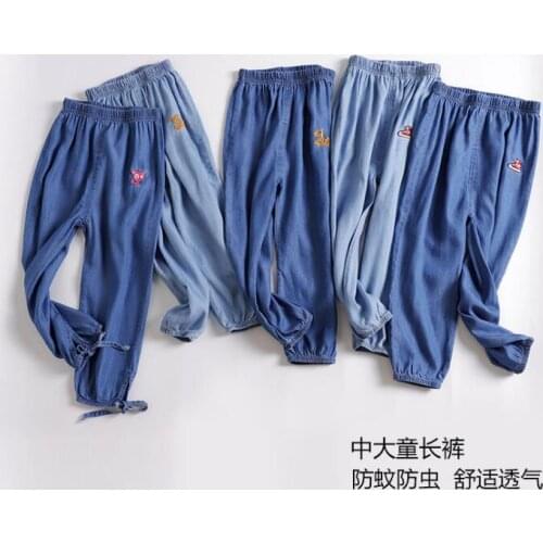 2020 New Boy girls tencel Summer pants soft long embroidery Design Blue Jeans For 2-8 Yrs Kids