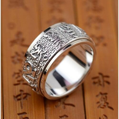 S925 pur Silver Jewelry Antique Crafts Thai Silver Men and Women Six Words Mantra Rotating Good Luck Ring for man