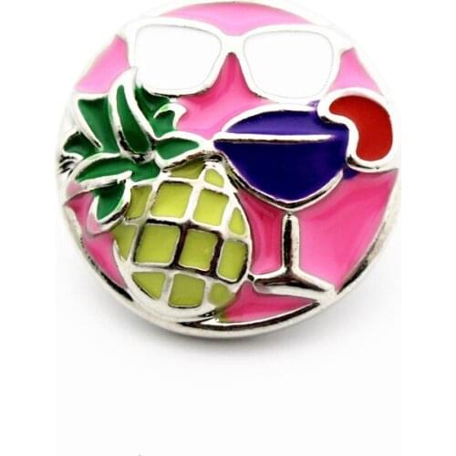 New Arrived 10pcs/lot Round Enamel Pink Summer Pineapple Beverages Snap Buttons Fit 18mm/20mm DIY Snap Bracelet Jewelry Making
