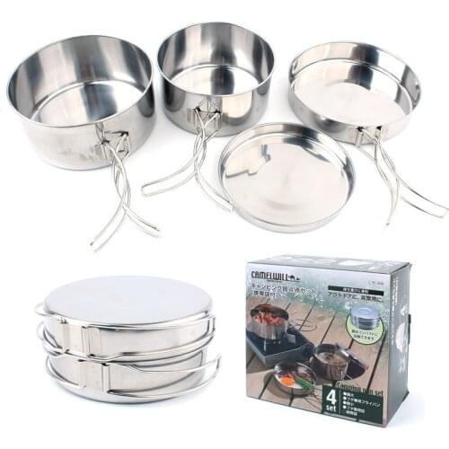 Outdoor 4pcs stainless steel pot utensils camping kitchen mountaineering picnic portable cooking set bowls cauldron