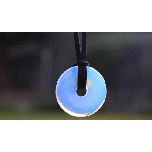 Opalite Circle Necklace, Simulated Moonstone Crystal Necklace, Stone Donut Disc, Mens Unisex,Rainbow Crystal Disc Faux Leather