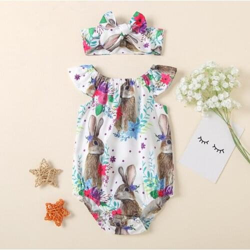 Easter Rabbit Print Clothes Baby Girls Rompers Set Flying Sleeve Lovely Off Shoulder Buttons Jumpsuit + Headband 2pcs Outfits