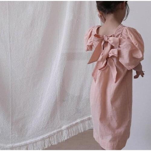 2021 Korea style girls puff sleeve dress bow fashion cotton linen summer girls dresses