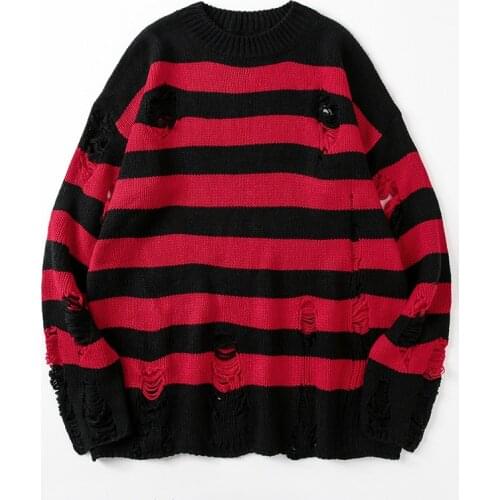Unisex Stripe Sweaters Destroyed Ripped Knitted Oversized Sweatshirt Casual Loose Sweater Pullover Mens Hip Hop Long Sleeve Top