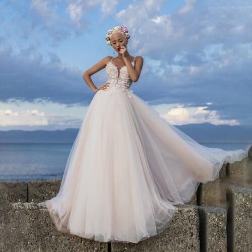 2021 Stunning Spaghetti Straps Wedding Dresses White/Ivory/Champagne A Line Bridal Gowns with Handmade Flower