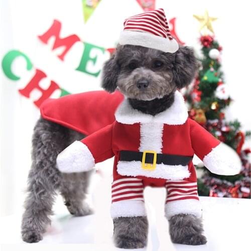 Dog Christmas Clothes Fleece Dress Wide Waistband Lapel Neck Warm Party Standing Santa Solid Color Dress Lace-up Hat