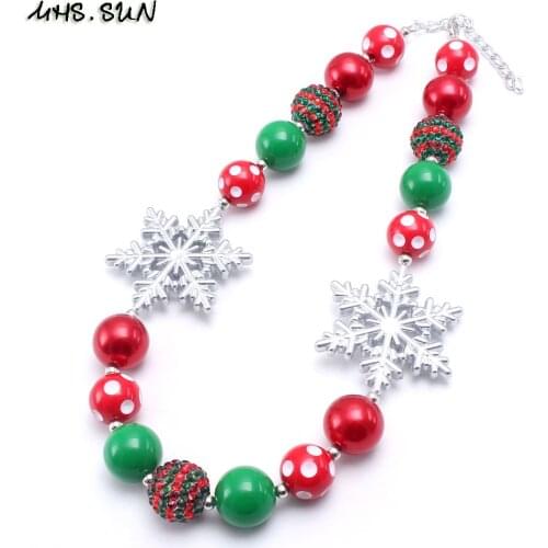 MHS.SUN Kids Girls Christmas Chunky Beads Necklace Snowflake Children Red/Green Bubblegum Beads Chunky Necklace Festival Jewelry
