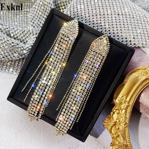 Exknl Tassel Drop Earrings for Women Beads Crystal Statement Long Earrings Bridal Rhinestone Big Wedding Earrings Women Jewelry