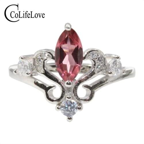 VS grade natural pink tourmaline ring for engagement solid 925 silver crown ring 0.5 ct 4 mm * 8 mm marquise cut tourmaline ring