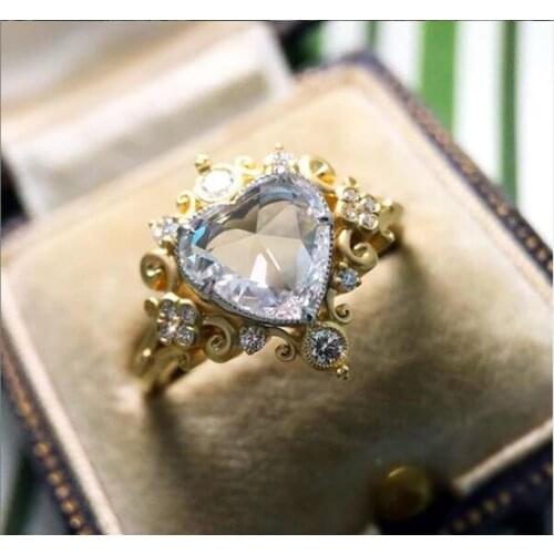 High Quality Gold Colors Heart-shape Crystal Crown Rings For Women Wedding Anniversary Fashion Party Jewelry Gifts Accessories