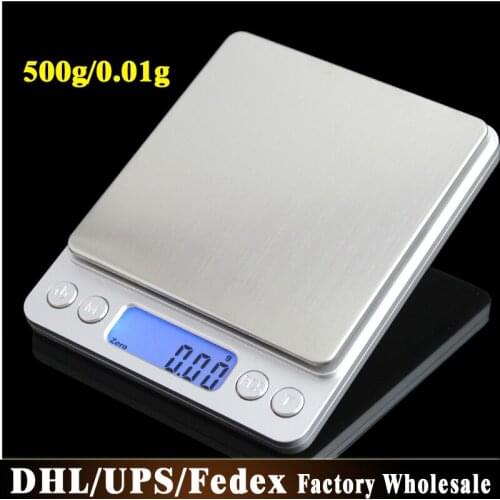 DHL Fedex 50pcs/lot High Accuracy Electronic Digital Jewelry Scales Weighing Balance Two Trays Portable 500g/0.01g