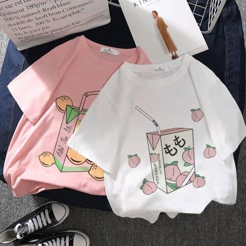Peach Fruit Juice Drink Print T-shirt Women Harajuku Aesthetic White Pink Tops Tshirt 2021 New Summer Fashion Y2k Female T Shirt
