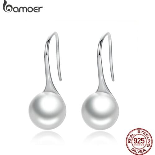 BAMOER 925 Sterling Silver Elegant Round Pure Love Pearl Drop Earrings for Women Jewelry Brincos White ,Black Purple Pink SCE037