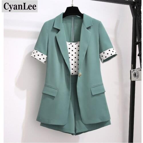 Plus size office ladies Summer 3 pcs set for women polka dot vest and blazer coat and shorts set female workwear outfits 5XL