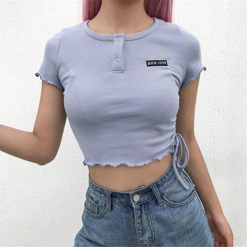 2020 Summer Knit Sexy Women Letter Short Sleeve Crop Top Button Elastic Tshirt V-Neck Casual Purple Crop Tops Short Shirt Tee