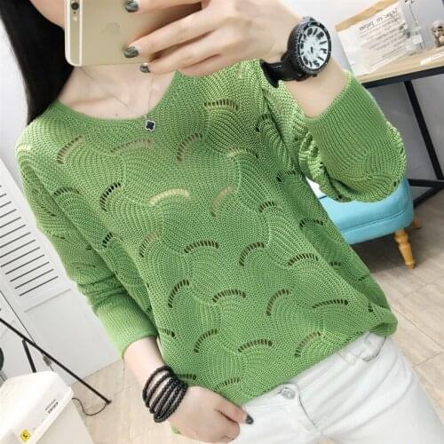 Spring New V-neck Hollow Knitted Sweater women Loose Solid color Long Sleeve Ice silk thin sweater women Casual tops tide G137