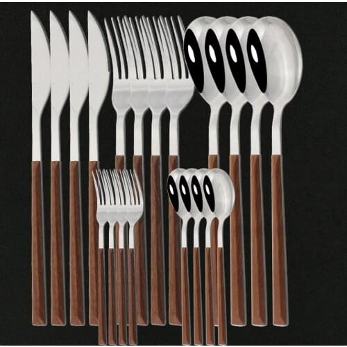 20Pcs/4Set Stainless Steel Glossy Tableware Cutlery Set Wooden Silver Dinnerware Sets Western Flatware Food Knife Fork Teaspoon