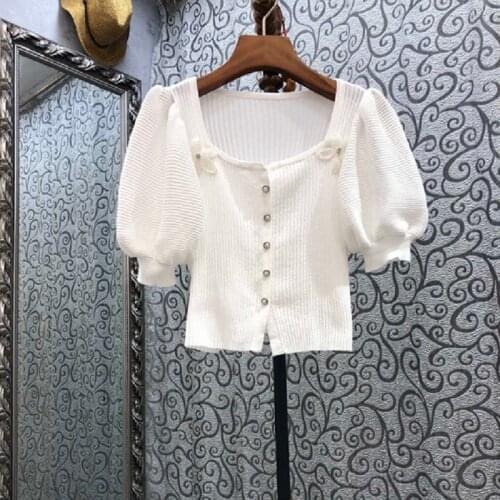 2021 Autumn Fashion Sweaters High Quality Pullovers Ladies Beading Floral Deco Short Sleeve Casual White Black Knitted Jumpers