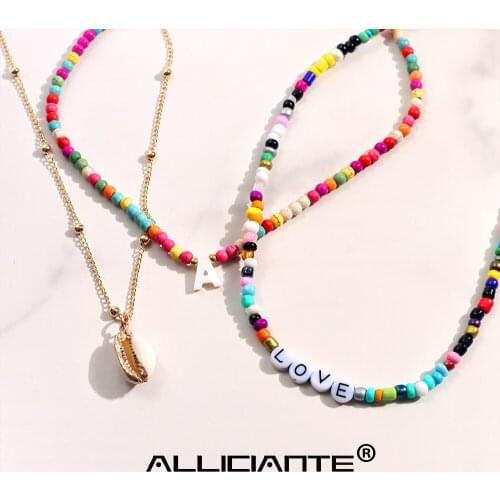 3 Pcs/lot Letter Shell Pendant Rainbow Turquoise Beaded Necklace For Women Acrylic Bead Name Initial Choker Layered DIY Jewelry