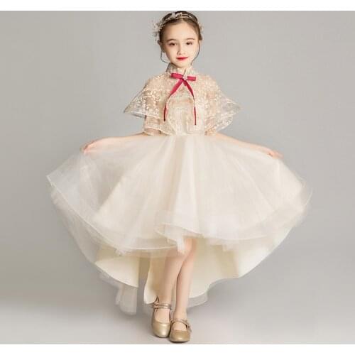Champagne Tulle Childrens Princess Dress Beads Bow Wedding Dress Flower Girl Evening Dress Baby Girl Baptism Pageant