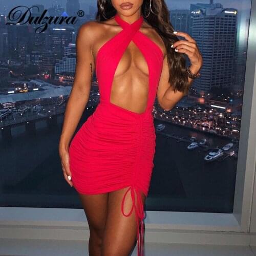 Dulzura Solid Women Halter Mini Dress Ruched Drawstring Lace Up Hollow Out Bandage Backless Sexy Party Club 2021 Summer Clothes