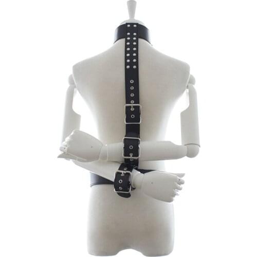 Fetish PU Leather Neck Collar Connection Hand Cuffs With Waist Restraints Bondage Belt , Slave Toys Sex Products