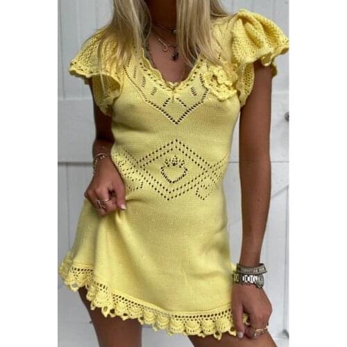 GypsyLady Yellow Knitted Mini Dress Handmade Summer Vintage Women Dresses Hollow Out Sheer Chic Ladies Sweater Sexy Party Dress