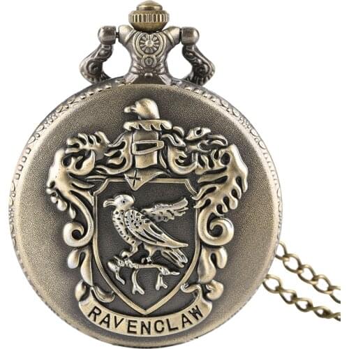 Classic Bronze Ravenclaw Quartz Pocket Watch Full Hunter Roman Numerals Necklace Clock with Pendant Movie Fans Gifts Reloj