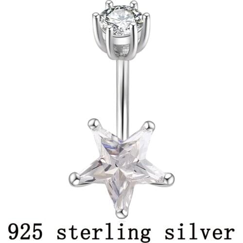 S925 real genuine silver belly button ring pure silver star zircon stone not allergic pin length 6 8 10 mm body piercing jewelry