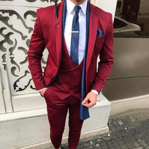 Handsome Casual Burgundy Custom Made Wedding Suits For Men Groom Suit 3 Piece Mens Suits 2021 Slim Fit Groomsmen Mens Tuxedos