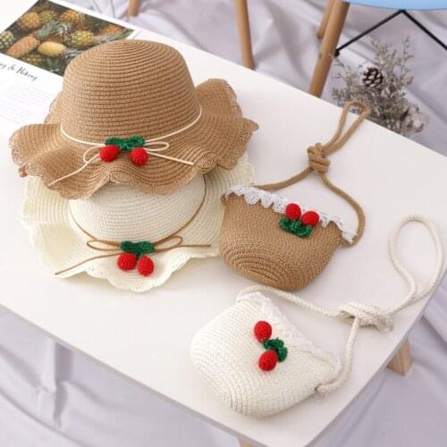 Summer new girls straw hat bag sun hat outdoor kids breathable beach cherry sun hat sweet princess seaside Panama straw hat