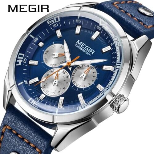 MEGIR New Fashion Sport Belt Multifunctional Chronograph Calendar Luminous Quartz Mens Watches Hands Relogio Masculino 2072G