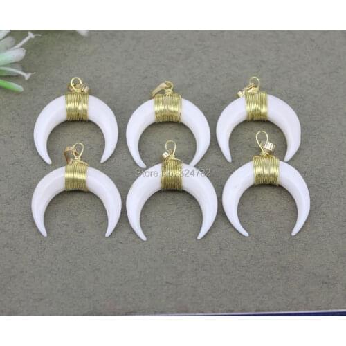 5pcs Fashion Small Size White Bull Bone Crescent Pendant,With Gold Wire,Charm Double Horn Pendant for Making jewelry