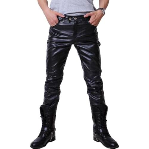New Fashion Mens Skinny Leather Pants Black Faux Leather Motorcycle Trousers For Male Trouser Stage Club Wear Biker Pants