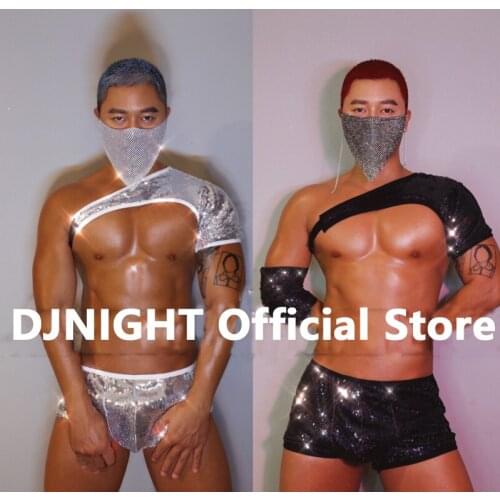 New Half Sleeve Sequin Suit Men Nightclub Party Gogo Costume Pole Dancing Festival Clothing Rave Outfit Stage Clothes XS2582