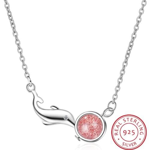 Hot Fashion Natural Strawberry Crystal Moonstone Bead Dolphin Necklace For Women 925 Sterling Silver Necklace collares