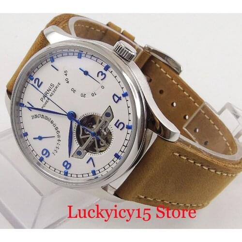 PARNIS Automatic Mens Watch White Dial 43mm Polished Watch Case Power Reserve Date Indicator Watch
