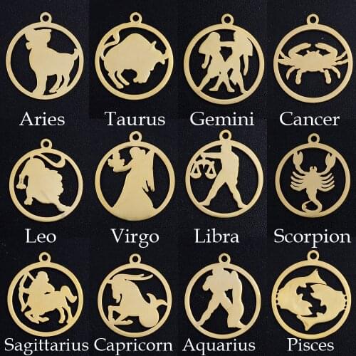 5pcs/Lot Gold Color stainless steel Charms 12 Zodiac Sign Constellation Pendants DIY jewelry Aquarius Pisces Aries Taurus Gemini