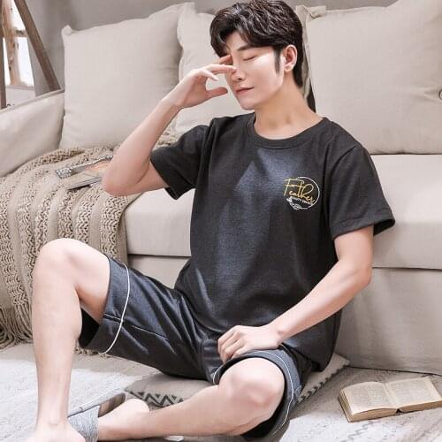 Casual Men Pajamas Sets Summer Cotton Short-sleeved and Shorts Nightwear Simplicity Gray Letter Print Plus Size Mens Sleepwear