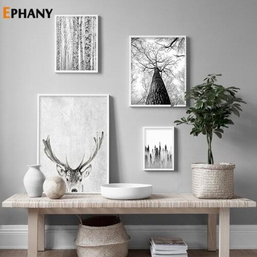 Nature Winter Forest Nordic Poster Black White Scenery Canvas Art Decorative Print Deer Wall Painting Scandinavian Decor Picture