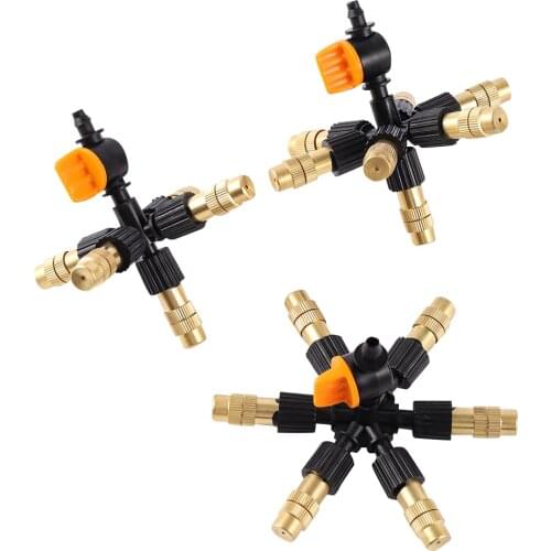 Garden Misting System Adjustable 4/5/6/7Way Brass Atomizing Nozzle With Mini Valve Irrigation Cooling Humidify Dust Removal Tool
