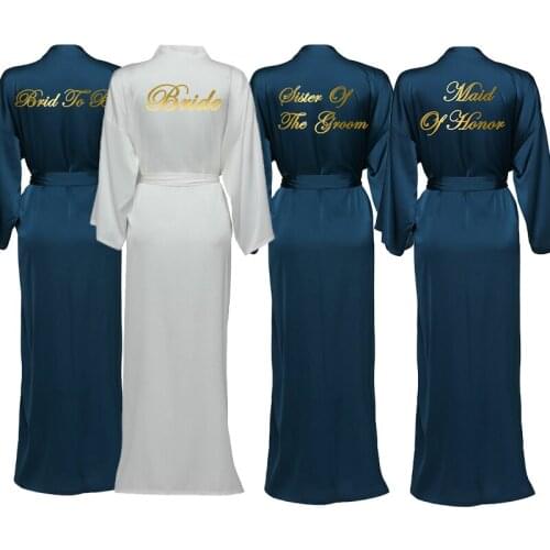 Chiffon Satin Robe Long Robes Long Sleeve Navy Custom Bridesmaid Robes Bride Robe Women Long Wedding Bathrobe and Homewear