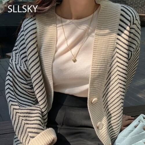 Sllsky 2020 Womens Knitwear Autumn Winter Striped V-Neck Cardigans Buttons Oversize Korean Style Lady Sweaters Vintage Tops