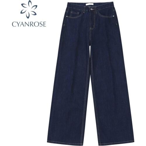 Dark Blue Jeans Womens Korean Loose Vintage All-Match Denim Trousers Long Female 2021 Autumn Mopping High Waist Wide Leg Pants