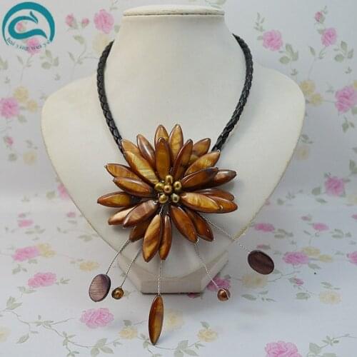 Unique Pearls jewellery Store Perfect Brown Real Pearl Shell Flower Leather Necklace Wedding Birthday Chirstmas Gift For Women